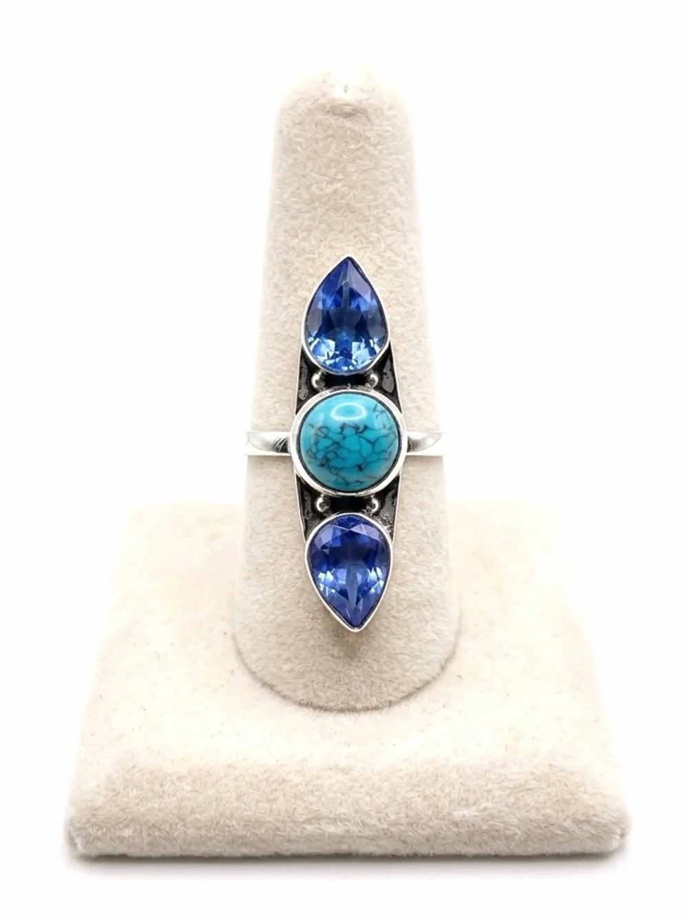 New 925 Sterling Silver Blue Imperial Topaz Turquoise Artisten 3 Tier Ring